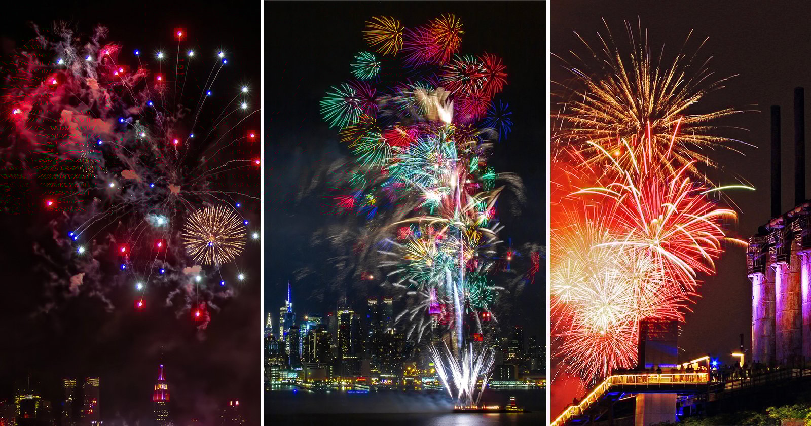 A triptych image of vibrant fireworks in the night sky over a city skyline, featuring bursts of red, blue, green, and gold above buildings, water, and a crowd on a lit walkway.