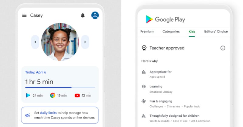 Split-screen image: left side shows a smartphone with a child's profile, screen time summary, and parental control tips; right side displays the Google Play "Kids" category with "Teacher approved" app features and descriptions.
