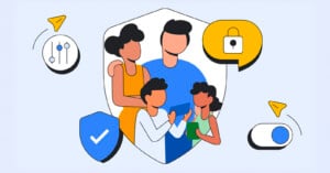Illustration of a family of four inside a shield, surrounded by icons representing security and privacy, including a padlock, check mark shield, controls sliders, and a toggle switch.