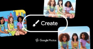 A digital graphic features illustrated women posing together in vibrant settings, surrounding the word "Create" with a paintbrush icon at the center. The Google Photos logo appears below.