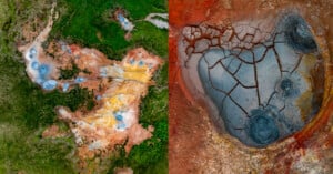 Aerial view split: left side shows colorful geothermal pools in green grass, right side shows a cracked, circular, dry crater with red and gray tones.