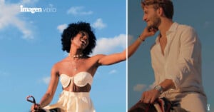 A smiling woman and man, both dressed in light-colored summer clothes, sit outdoors on a sunny day with blue skies and clouds, looking at each other affectionately. The image is split down the middle.