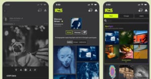 Three smartphone screens display a photography app interface, showing user profiles, image galleries, photo collections, and navigation buttons with dark backgrounds and vivid photo thumbnails.