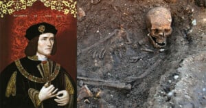 A painting of King Richard III in royal attire is shown on the left, while on the right is a photograph of a skeleton partially buried in earth, believed to be his remains.