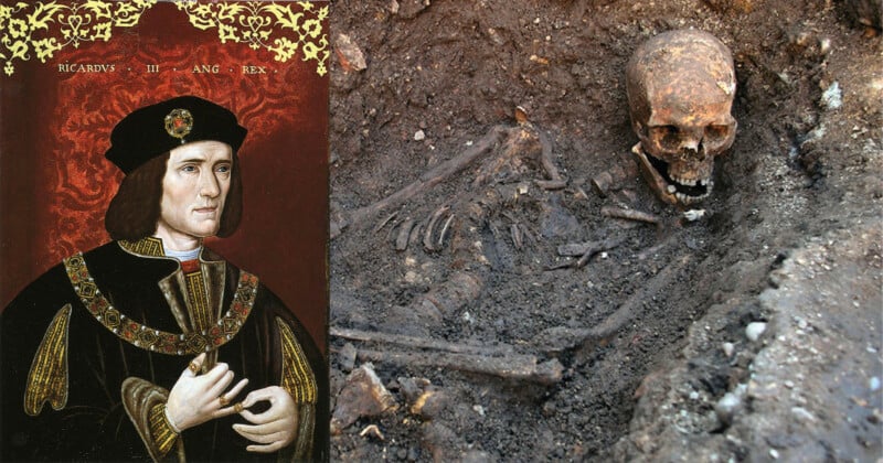 A painting of King Richard III in royal attire is shown on the left, while on the right is a photograph of a skeleton partially buried in earth, believed to be his remains.