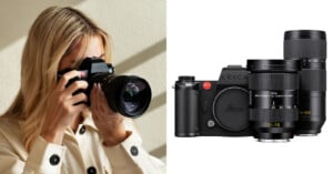 A woman with blonde hair uses a Leica camera, while next to her is a close-up image of a Leica camera with three interchangeable lenses displayed on a white background.