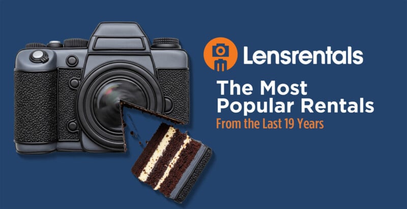 A graphic of a camera with a slice cut out like cake. Text reads: "Lensrentals. The Most Popular Rentals From the Last 19 Years." The background is blue with orange and white text.