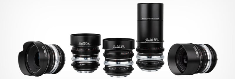 Five camera lenses of varying sizes and focal lengths are arranged in a row on a white background, each with metallic details and labeled "Petzval" on the front.