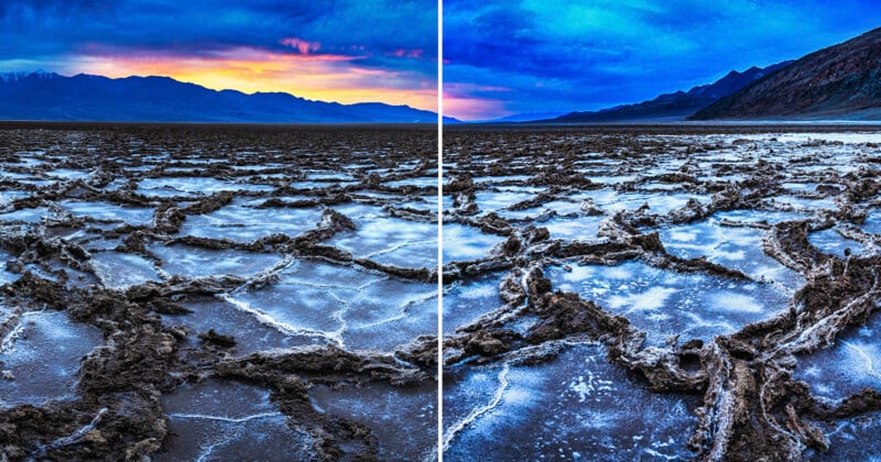 A dramatic landscape shows a cracked, salt-covered desert floor under a vibrant sky transitioning from orange sunset hues on the left to deep blue twilight on the right, divided vertically down the center.