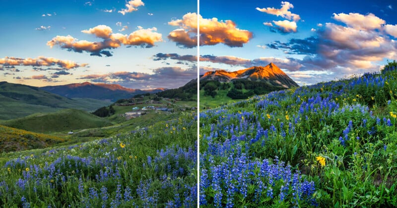 A mountain landscape split in two: both sides show vibrant wildflowers in the foreground, green hills, and a mountain peak under a dramatic sky with colorful clouds at sunset.
