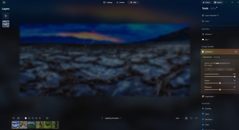 A photo editing software interface shows an image of a cracked, dry landscape under a night sky. Editing tools and adjustments, including "Noiseless" and sliders for luminosity, details, and sharpness, are visible on the right.