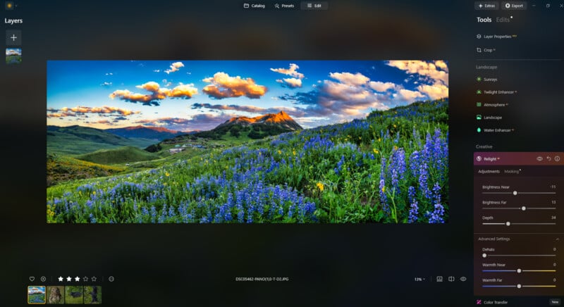 A vibrant photo of a mountain landscape with green hills and wildflowers is displayed on a photo editing software interface, with adjustment sliders and editing tools visible on the right side of the screen.