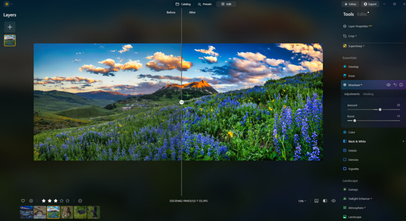 A photo editing software interface displays a vibrant mountain landscape with wildflowers. The image is split to show before and after edits, highlighting enhanced colors and detail on the right. Editing tools and sliders are visible on the right panel.