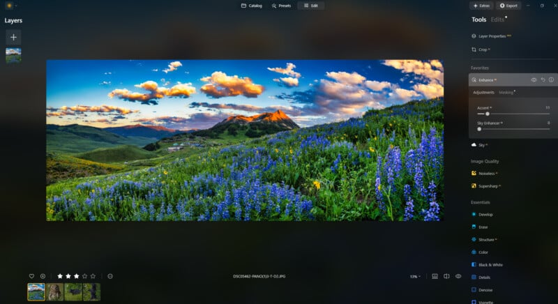A vibrant photo editing software interface shows a colorful mountain landscape with wildflowers, green hills, and a dramatic sky with clouds at sunset. Editing panels and image adjustment tools are visible on the right side.