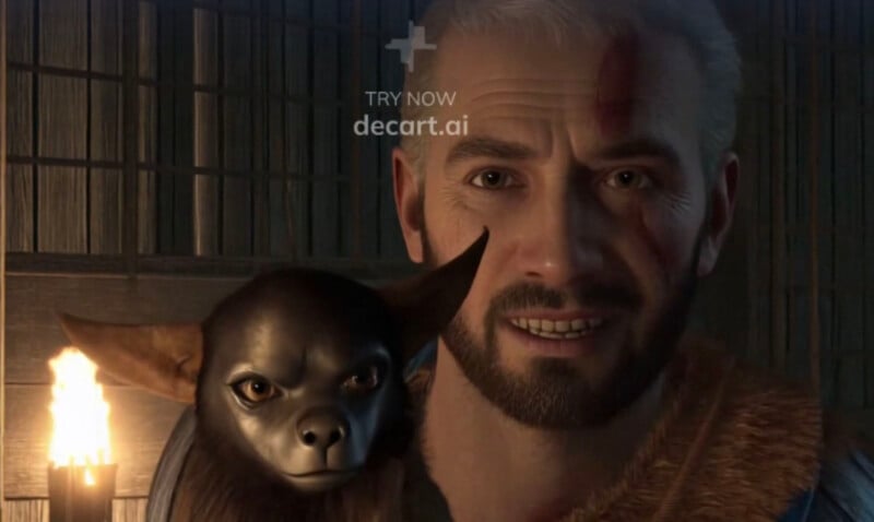 A bearded man with a scar on his forehead smiles next to a creature with large ears and a stern expression. A lit candle glows behind them. The words "TRY NOW decart.ai" are at the top of the image.