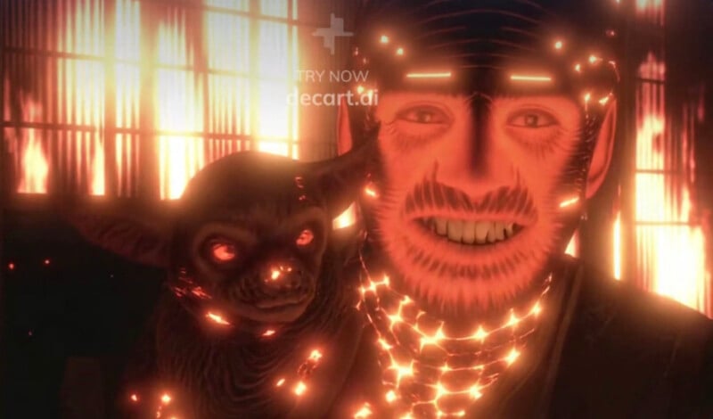 A glowing, smiling man with illuminated lines on his face stands beside a small, dark creature with glowing red eyes, both surrounded by a fiery, orange-lit background.