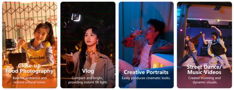 Four scenes: a woman takes close-up food photos; another vlogs with a camera and light; a man poses stylishly in blue light; people dance and film a music video under colorful lighting. Each scene highlights creative photography uses.