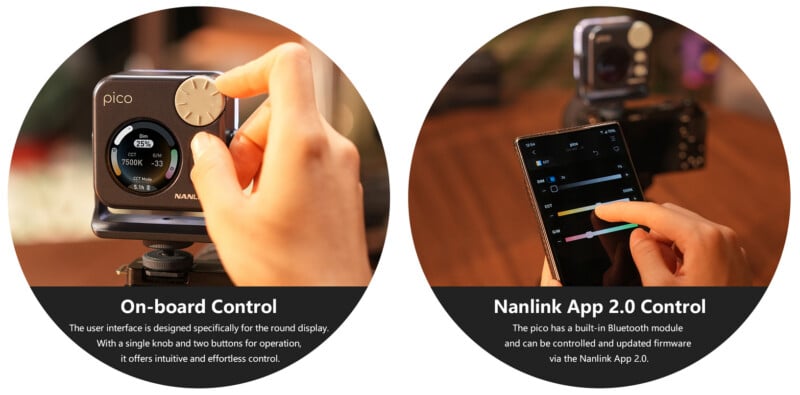 Two circular images: Left, a hand adjusts a dial on a Pico device for on-board control. Right, a hand uses a smartphone with the Nanlink App 2.0 to control settings on the Pico device via a Bluetooth connection.