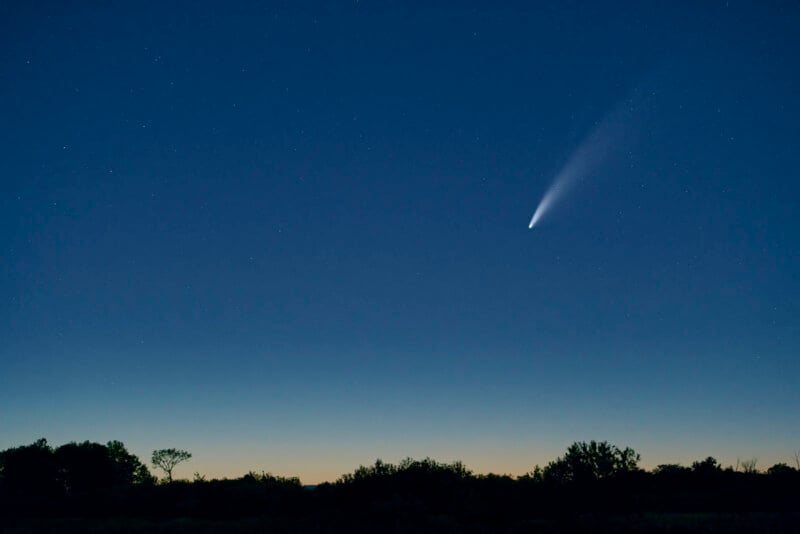A bright comet with a glowing tail streaks across a dark, star-filled sky above a silhouette of trees at dusk.