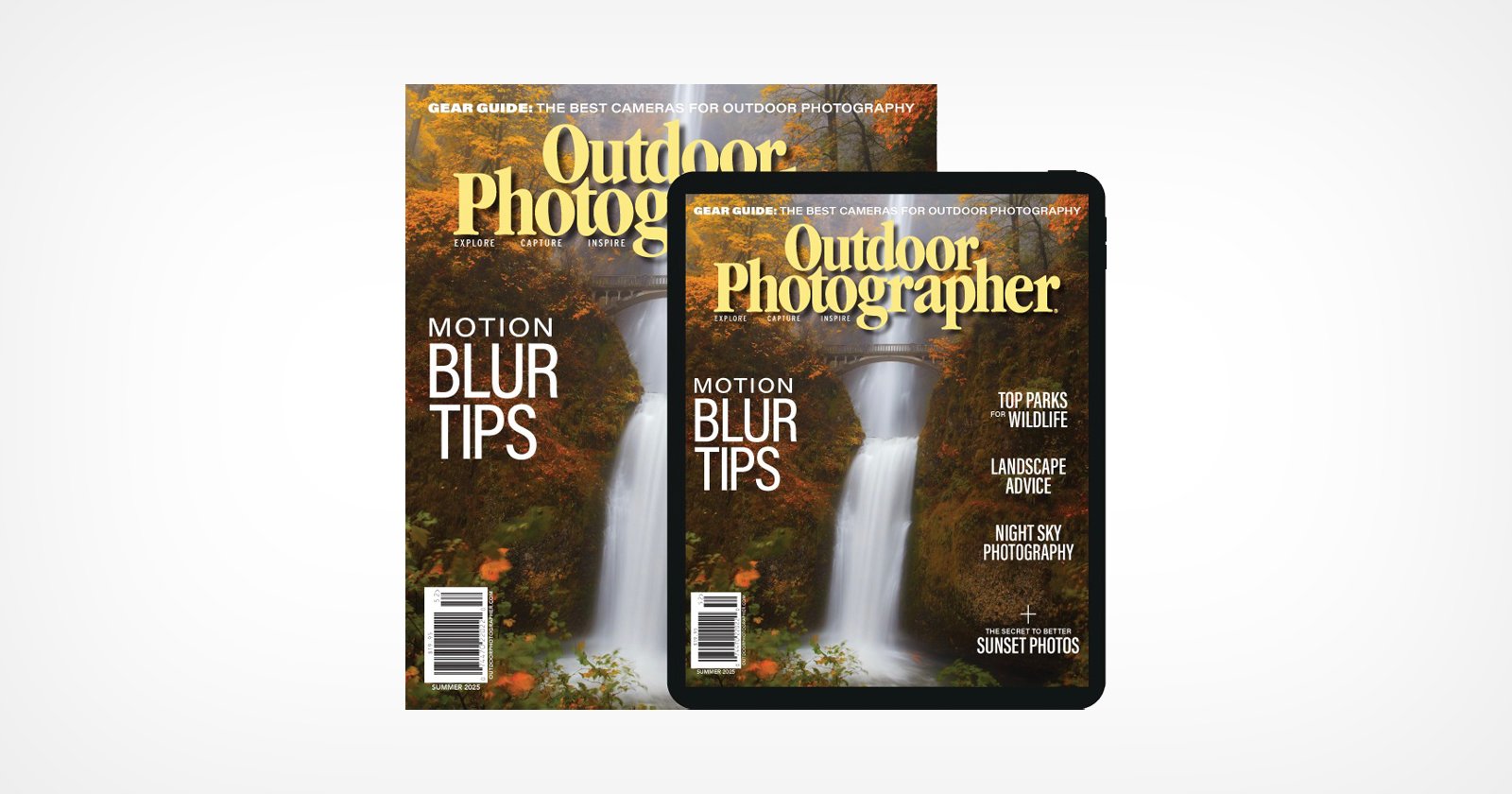 The image shows the cover of "Outdoor Photographer" magazine featuring a waterfall in a forest during autumn, with text highlighting motion blur tips, gear guide, top parks, landscape advice, night sky photography, and sunset photos.