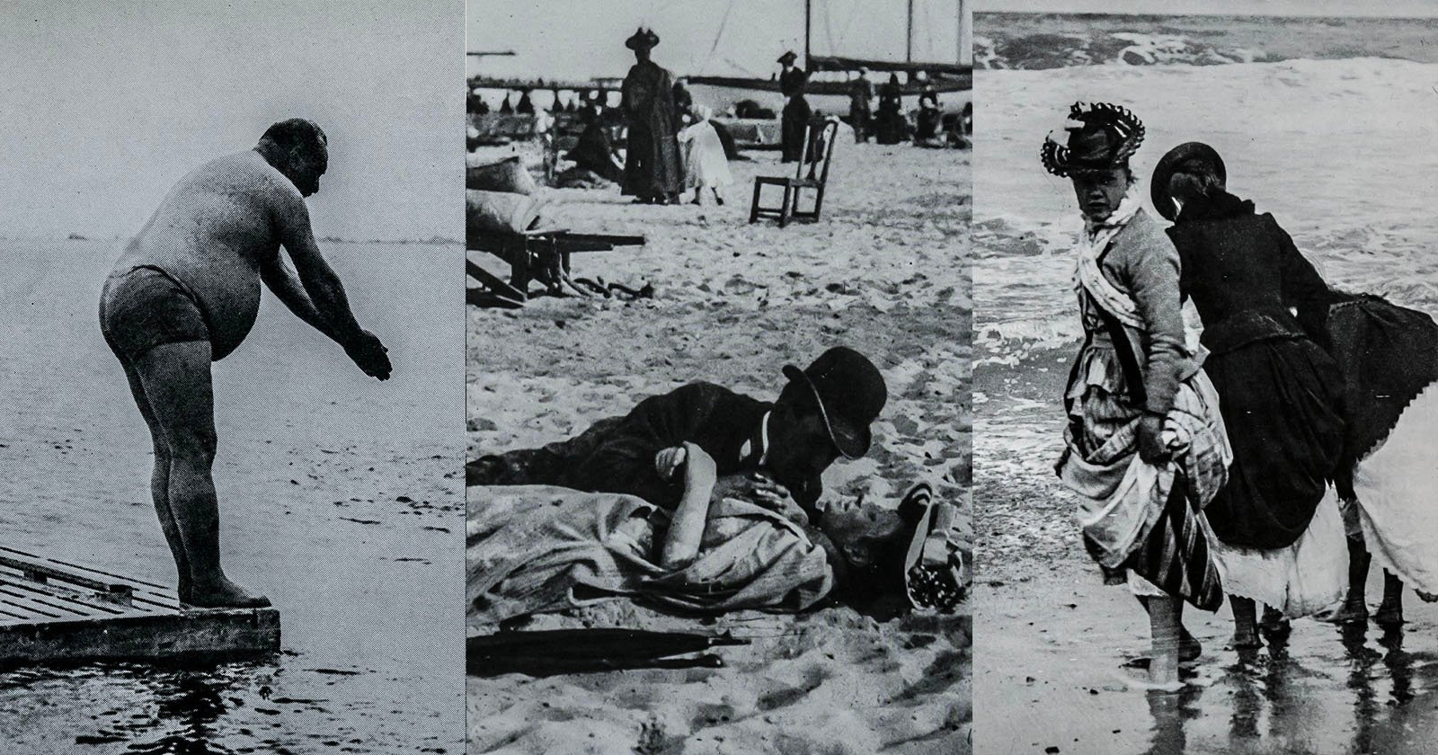 A black-and-white triptych: a man in swimwear about to dive into water, a couple kissing on a beach, and two women in long dresses walking into the sea, all set on a historic beach.