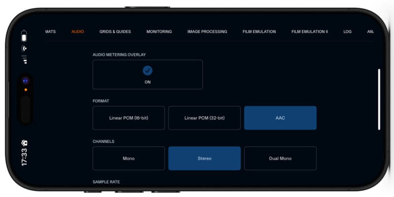 A smartphone screen displays audio settings with options for audio metering overlay, format selection (Linear PCM 16-bit, 32-bit, AAC), and channel selection (Mono, Stereo, Dual Mono) against a dark background.