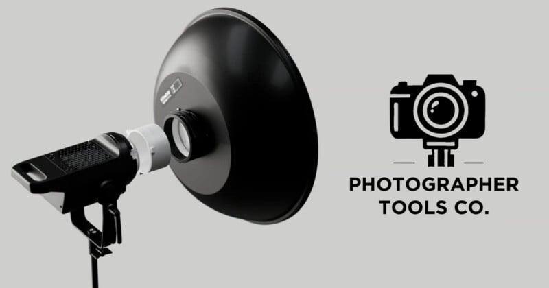 A black studio light with a reflector dish is positioned on the left. On the right, there is a camera logo and the text "Photographer Tools Co." on a light gray background.