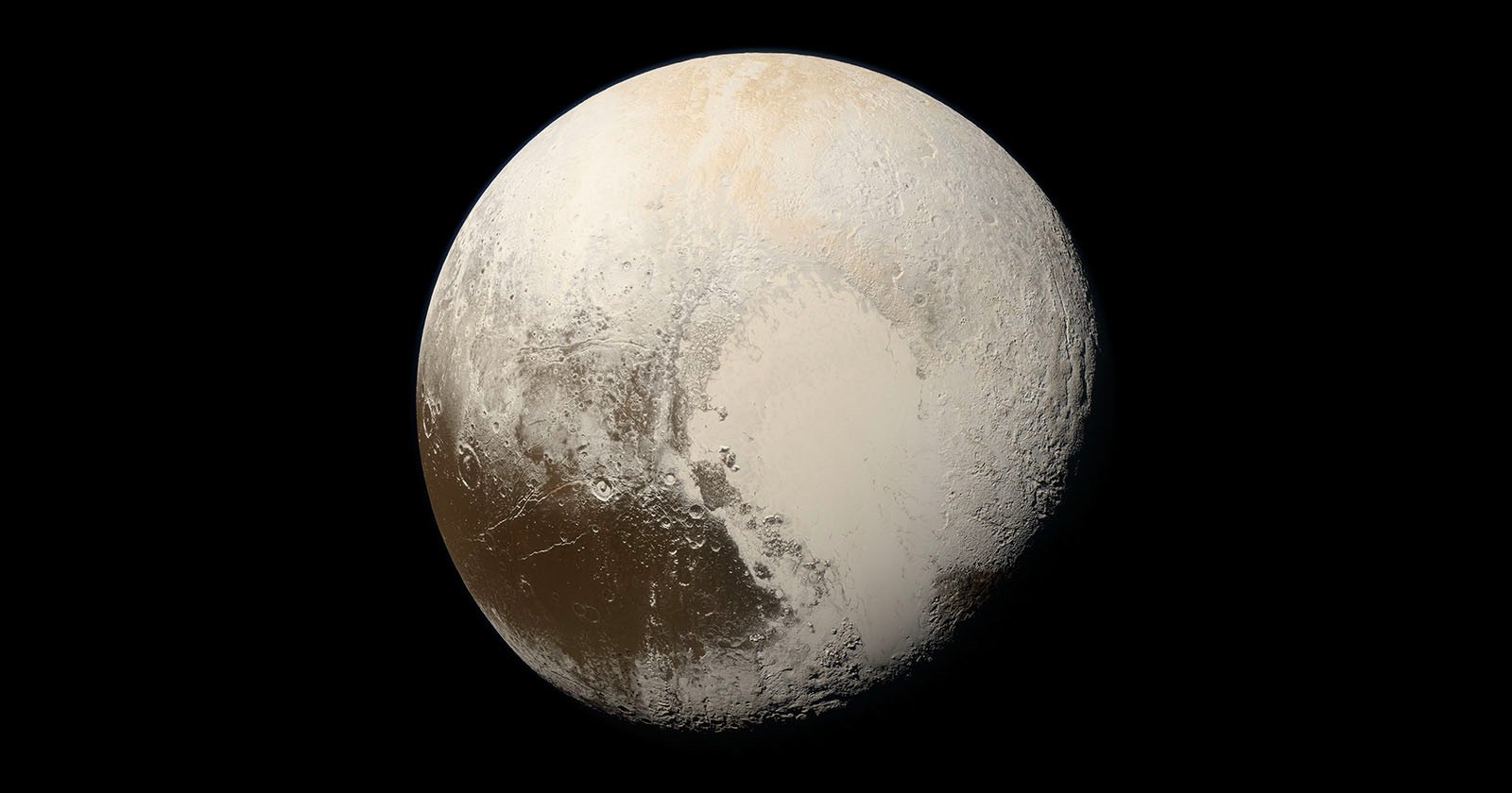 An image of Pluto set against a black background, showing its surface with light and dark regions, including a large, bright heart-shaped area on the right side.