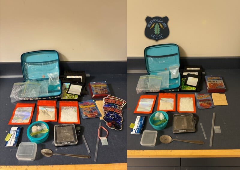 The real photo of the drugs bust, left, and the AI-generated image that the police department posted, right.