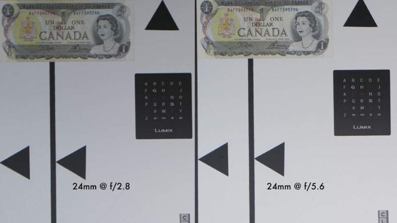 Side-by-side comparison of two photos showing a Canadian one dollar bill, geometric shapes, and a focus card. Left image is labeled