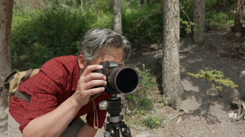A person with gray hair wearing a red plaid shirt is taking a photo with a Sony camera mounted on a tripod in a wooded outdoor area.