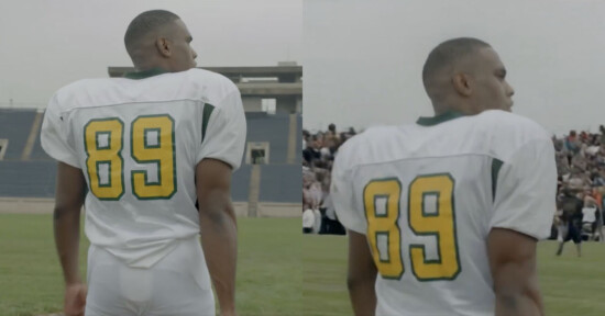 A football player wearing a white jersey with green and yellow trim and the number 89 on the back stands on a field; the image is split into two similar side-by-side views from behind.