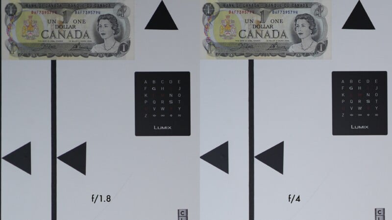 A comparison photo of two test charts, each with a Canadian one dollar bill and a focus chart. The left chart is labeled "f/1.8" and the right "f/4", showing differences in sharpness and clarity between apertures.