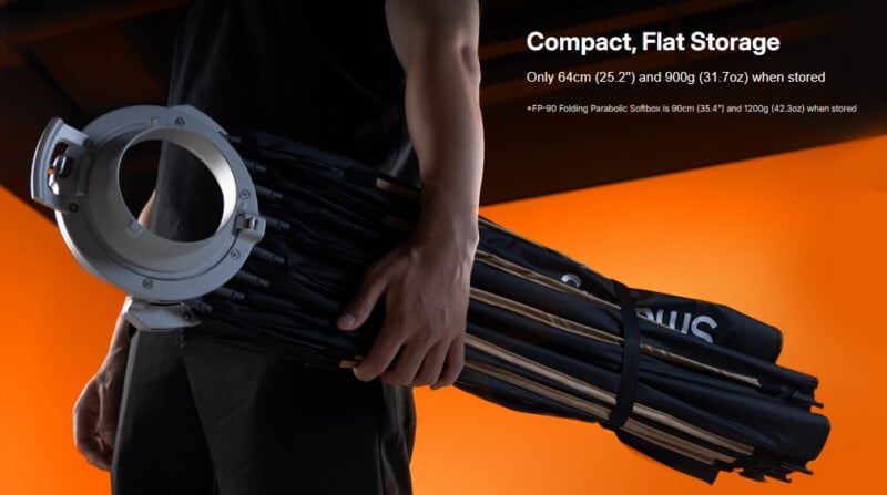 A person holds a folded, compact softbox light modifier against their side. Text highlights its flat storage design, measuring 64 cm long and weighing 900g when stored, with an orange background.