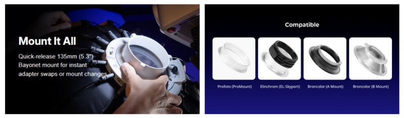 A person attaches a 135mm quick-release bayonet mount adapter to equipment; four compatible adapter types are displayed on the right: Profoto, Elinchrom, Broncolor (L Mount), and Broncolor (S Mount).