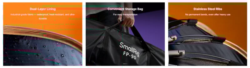 Three images showcase features of a product: dual-layer waterproof lining with water droplets, a hand holding a convenient storage bag, and stainless steel ribs for strong support. Text overlays describe each feature.