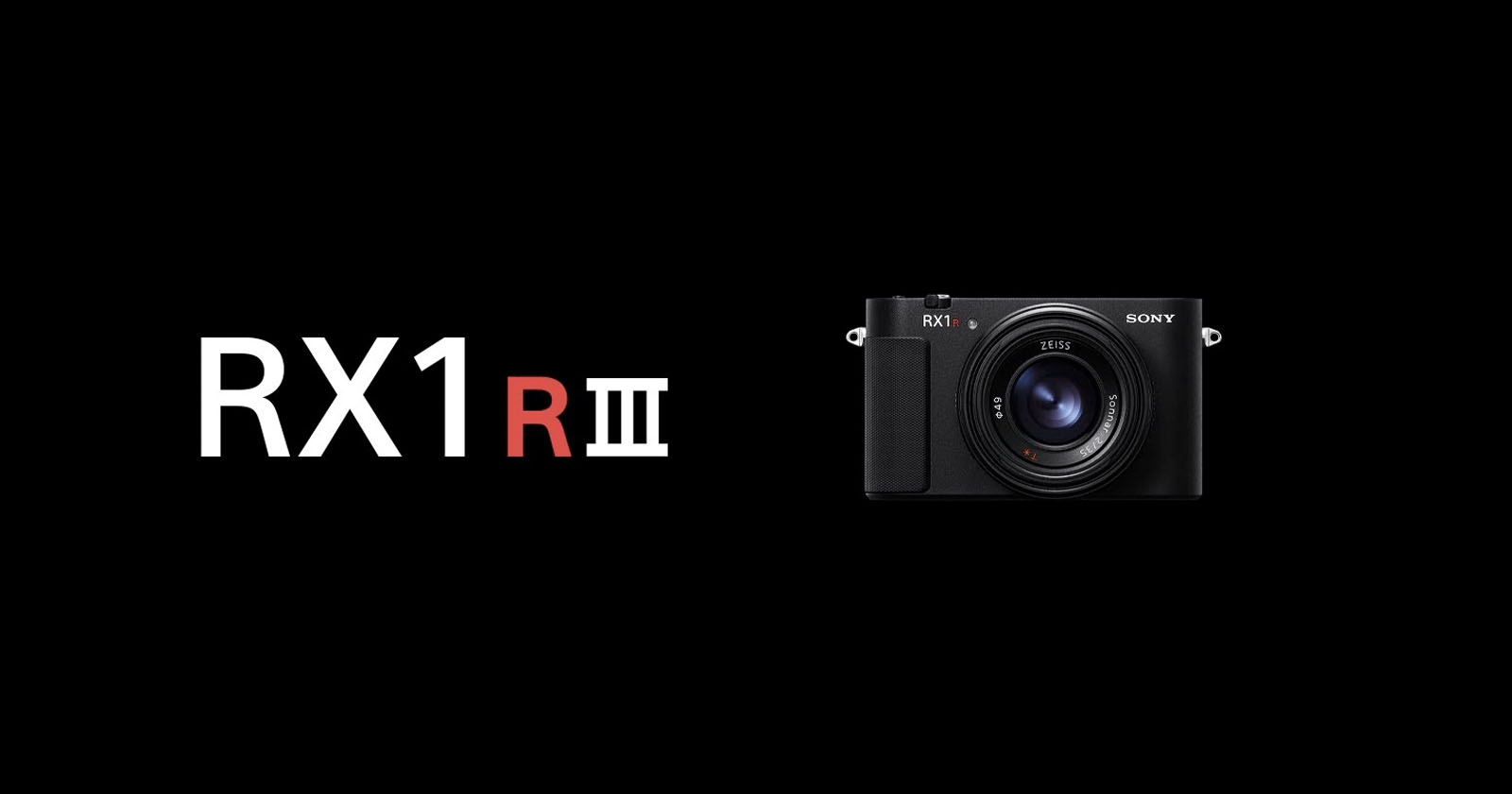 A Sony RX1R III camera is shown on a black background, with the text "RX1 R III" beside it. The "R" and Roman numeral "III" are in red, highlighting the camera model.