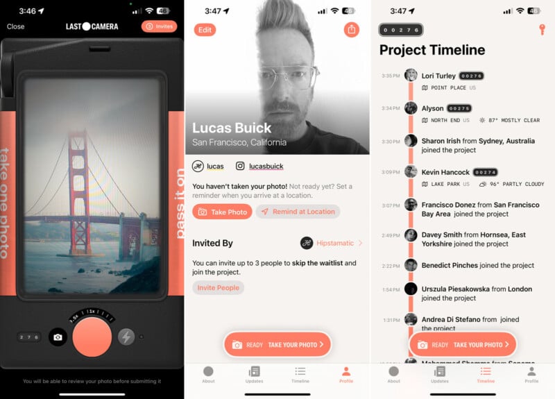 A mobile app interface showing: a vintage camera viewfinder with the Golden Gate Bridge, a user profile for Lucas Buick, and a project timeline with a list of participants and their photo statuses.