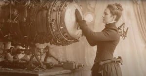 A woman in Victorian-era clothing operates a large, intricate steampunk machine with gears and wires on a table in front of her.