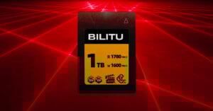 A 1TB BILITU memory card with read speed 1780 MB/s and write speed 1600 MB/s is displayed against a red, futuristic grid background with glowing lines.