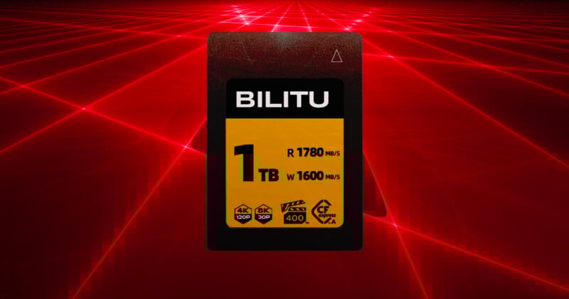A 1TB BILITU memory card with read speed 1780 MB/s and write speed 1600 MB/s is displayed against a red, futuristic grid background with glowing lines.