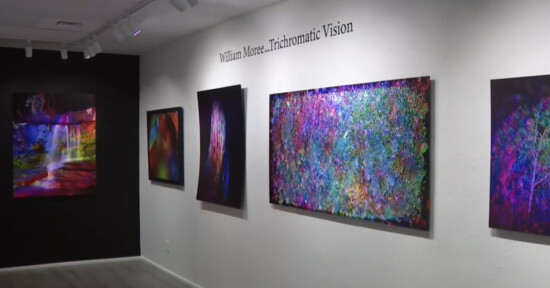 A gallery wall displays vibrant, abstract art in vivid colors under the title "William Mortea_Trichromatic Vision." Paintings include colorful, textured and psychedelic imagery on white and black walls.