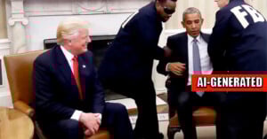 AI-generated image of two men in FBI jackets appearing to detain a seated man in a suit, while another man in a suit and red tie sits nearby, smiling. A red label on the image says "AI-GENERATED.