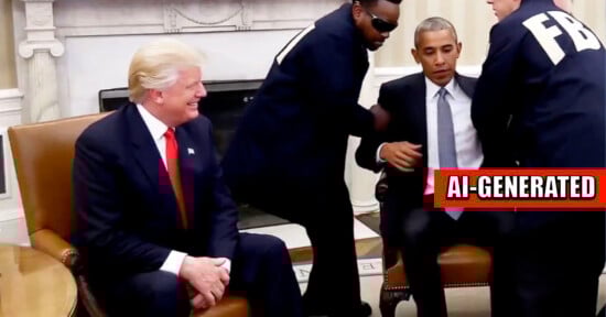AI-generated image of two men in FBI jackets appearing to detain a seated man in a suit, while another man in a suit and red tie sits nearby, smiling. A red label on the image says "AI-GENERATED.