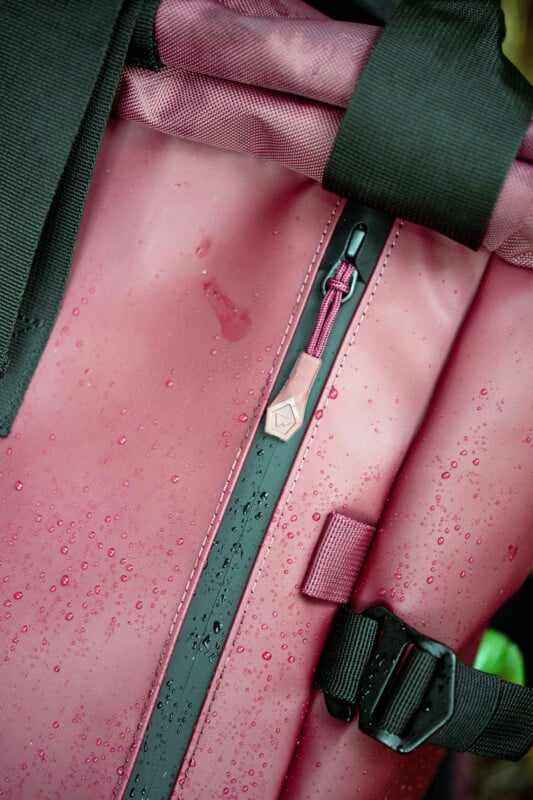 Close-up of a pink backpack with water droplets on its surface, highlighting a black zipper with a pink pull tab and black straps. The material appears waterproof.