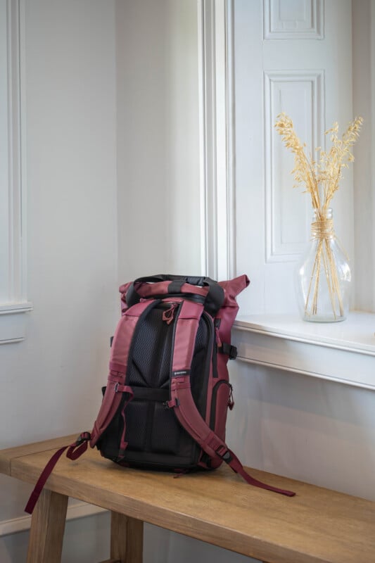 A maroon and black backpack sits on a wooden bench beside a glass vase with dried wheat stalks, placed on a white windowsill in a bright, minimalist room.