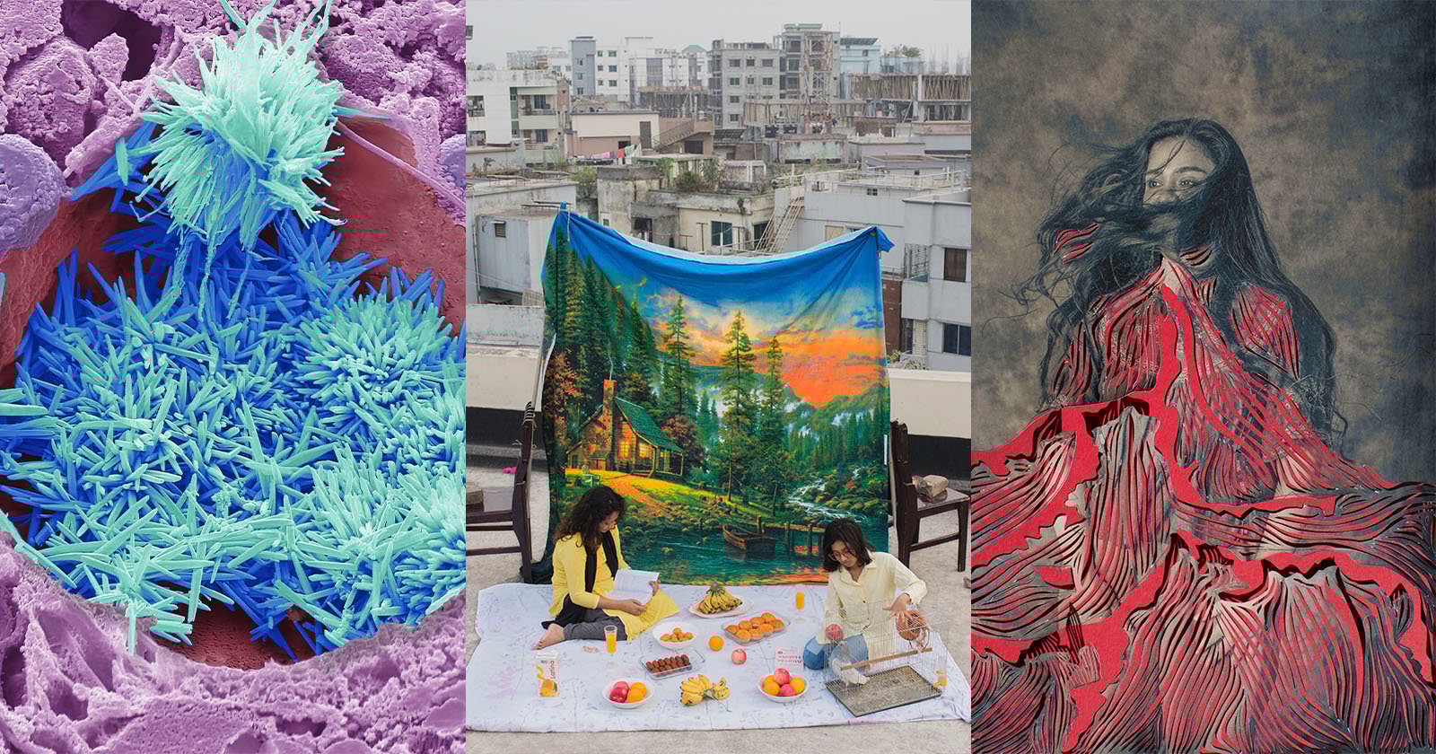 A triptych: Left shows a microscopic close-up of spiky blue-green crystals; center features two people arranging food on a rooftop with a vivid landscape backdrop; right is abstract art of a person in a flowing red dress.