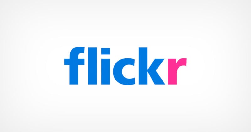 The image shows the Flickr logo with the word "flickr" in lowercase letters; "flick" is in blue and the "r" is in pink on a white background.