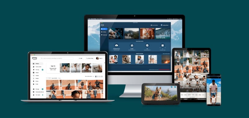 Multiple devices, including a desktop computer, laptop, tablet, and smartphone, display various photo and video gallery interfaces, all set against a teal background.