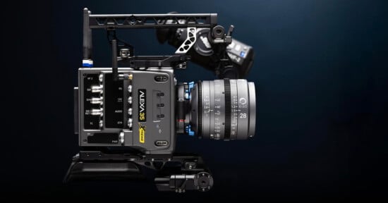 A professional ARRI ALEXA 35 cinema camera mounted in a black metal rig with various controls and a large lens, set against a dark gradient background.